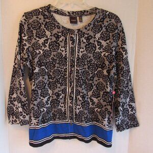 Rafaella Black/White/Blue Button Up 3/4 Sleeve Floral Pattern Shirt Size L NWT